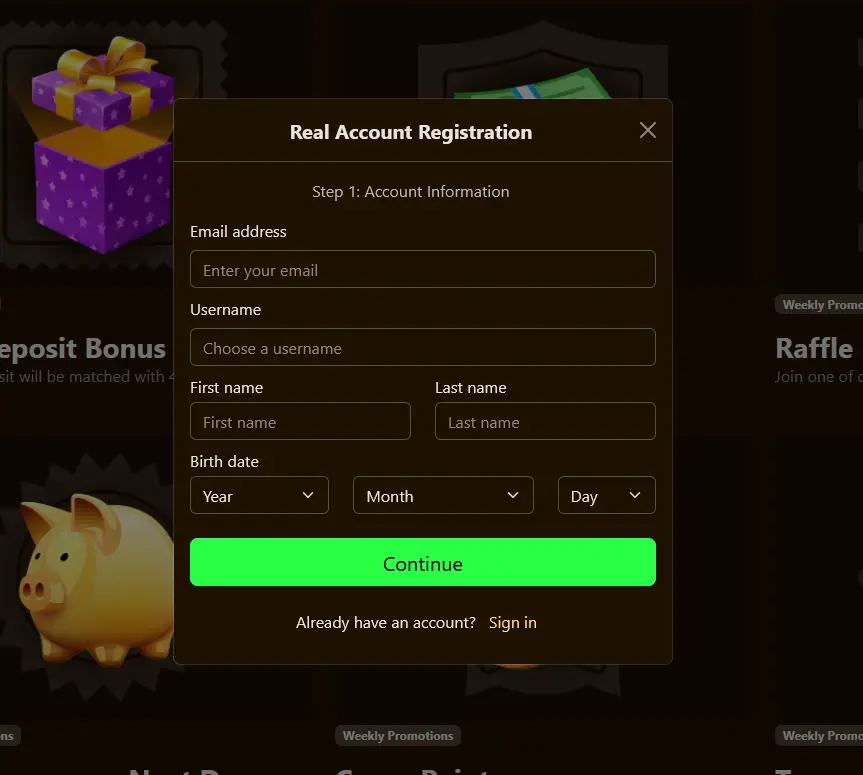 Registrace Golden Lady Casino — formulář pro vytvoření nového hráčského účtu